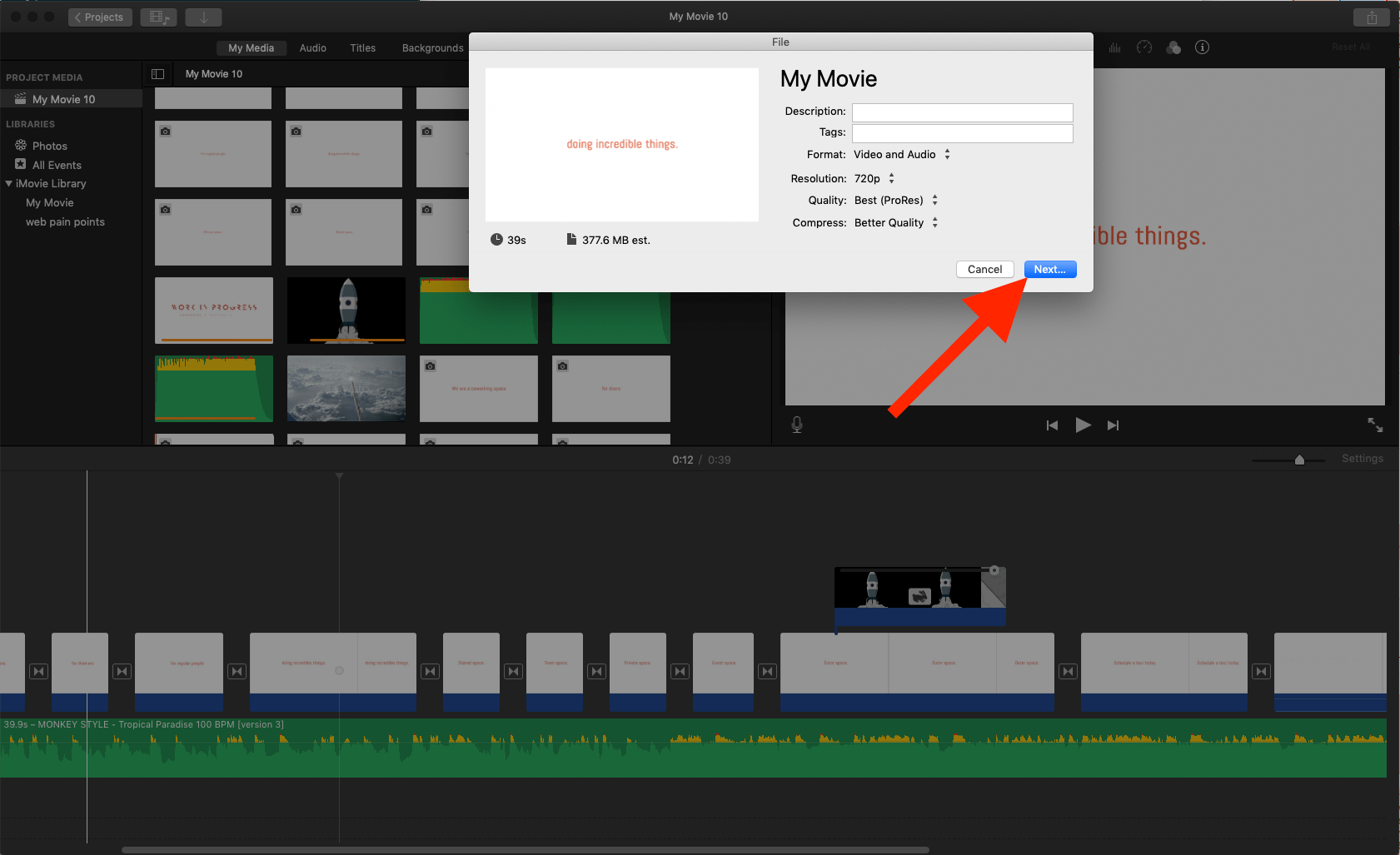imovie export trimmed clip